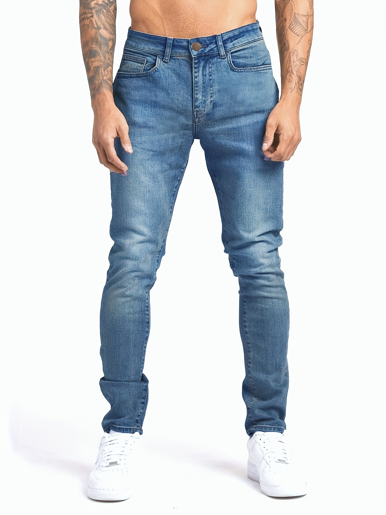 Slim Fit Jeans, Men's Casual Street Style Solid Color Mid Stretch Denim Pants For Spring Summer