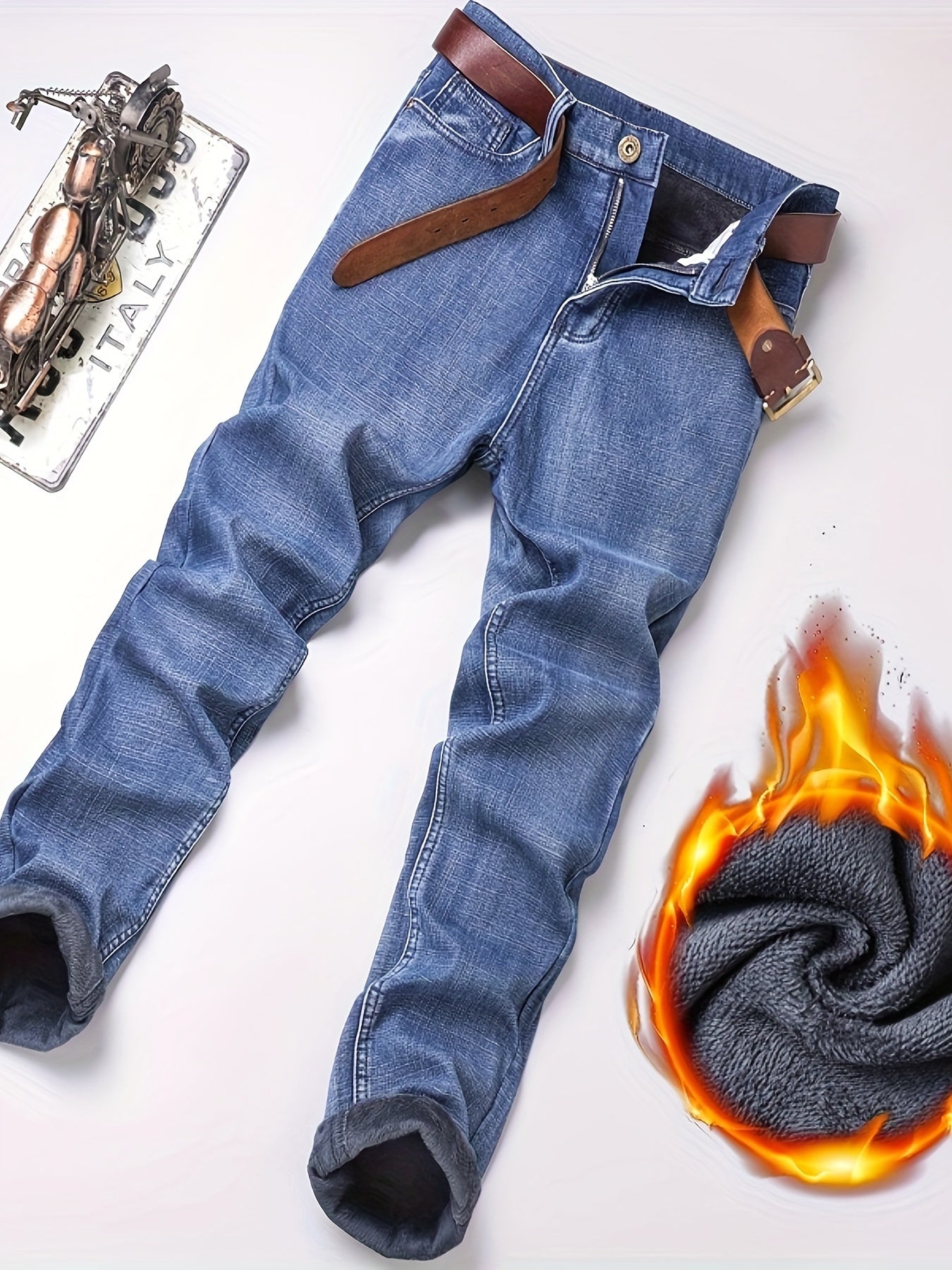 Men's Warm Fleece Jeans For Business, Casual Street Style Denim Pants With Pockets For Fall Winter