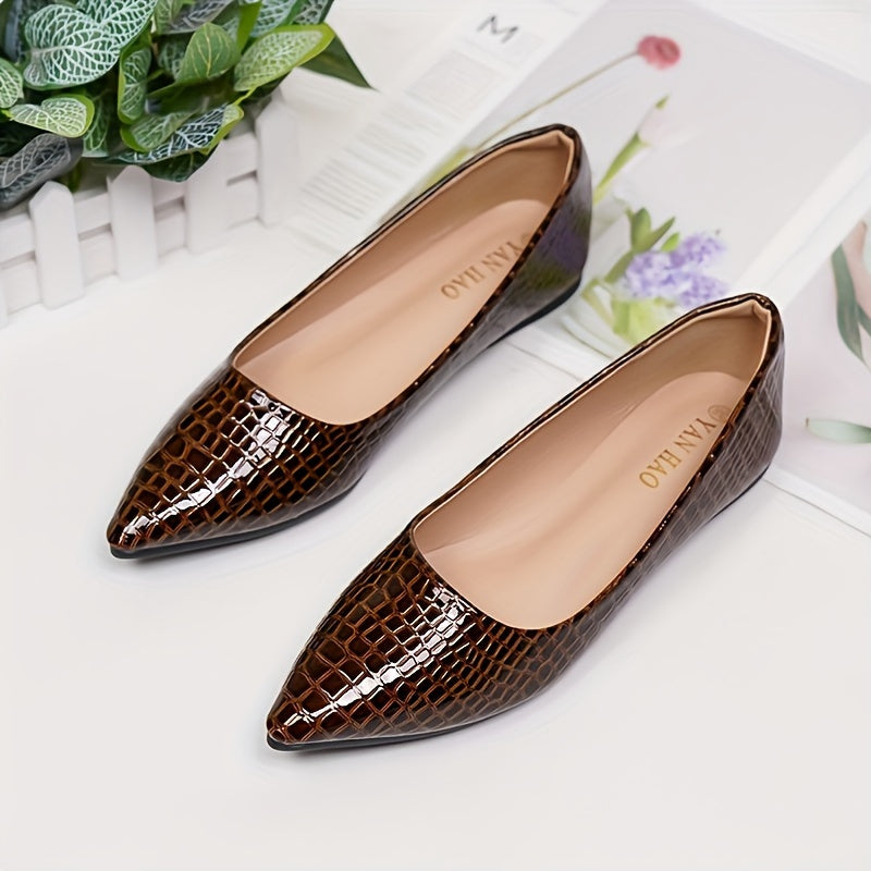 Women's Crocodile Pattern Flat Shoes, Casual Point Toe Slip On Shoes, Lightweight & Comfortable Shoes