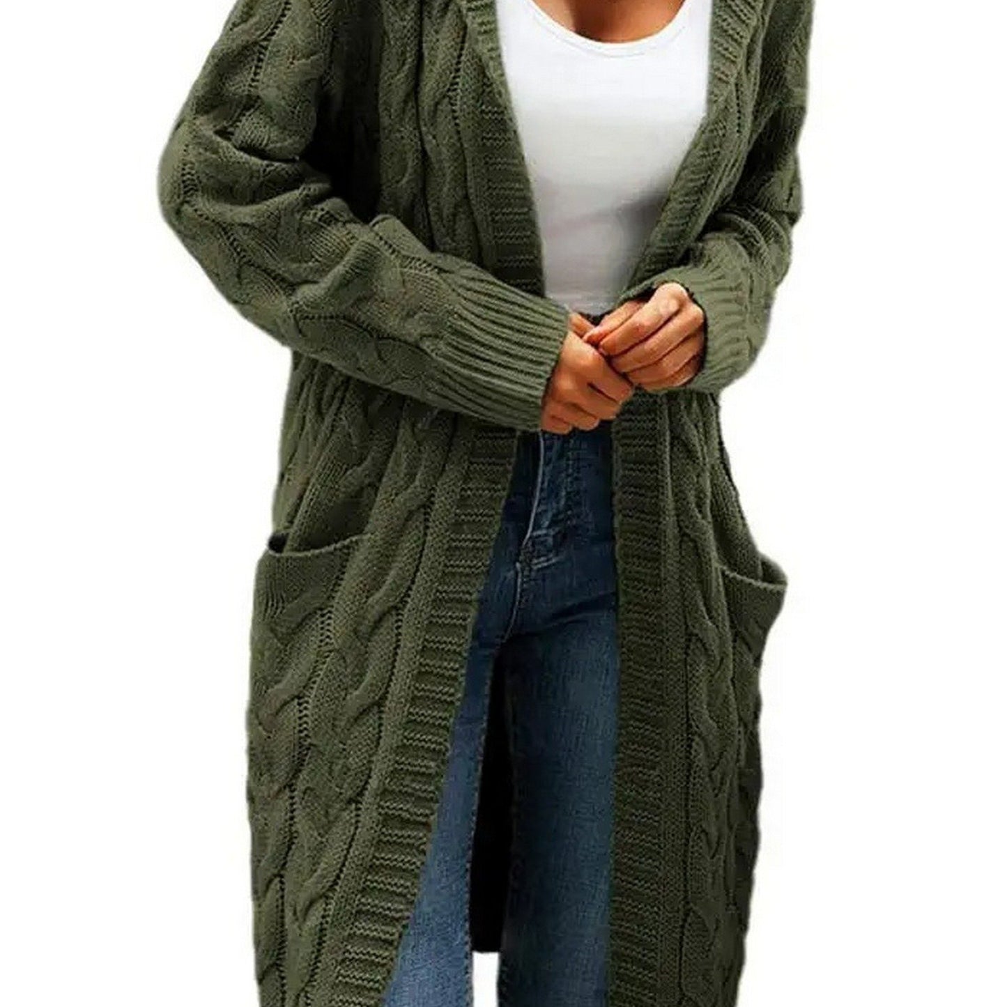 Women's Sweater Hooded Twist Knit Solid Thick Pocket Long Cardigan