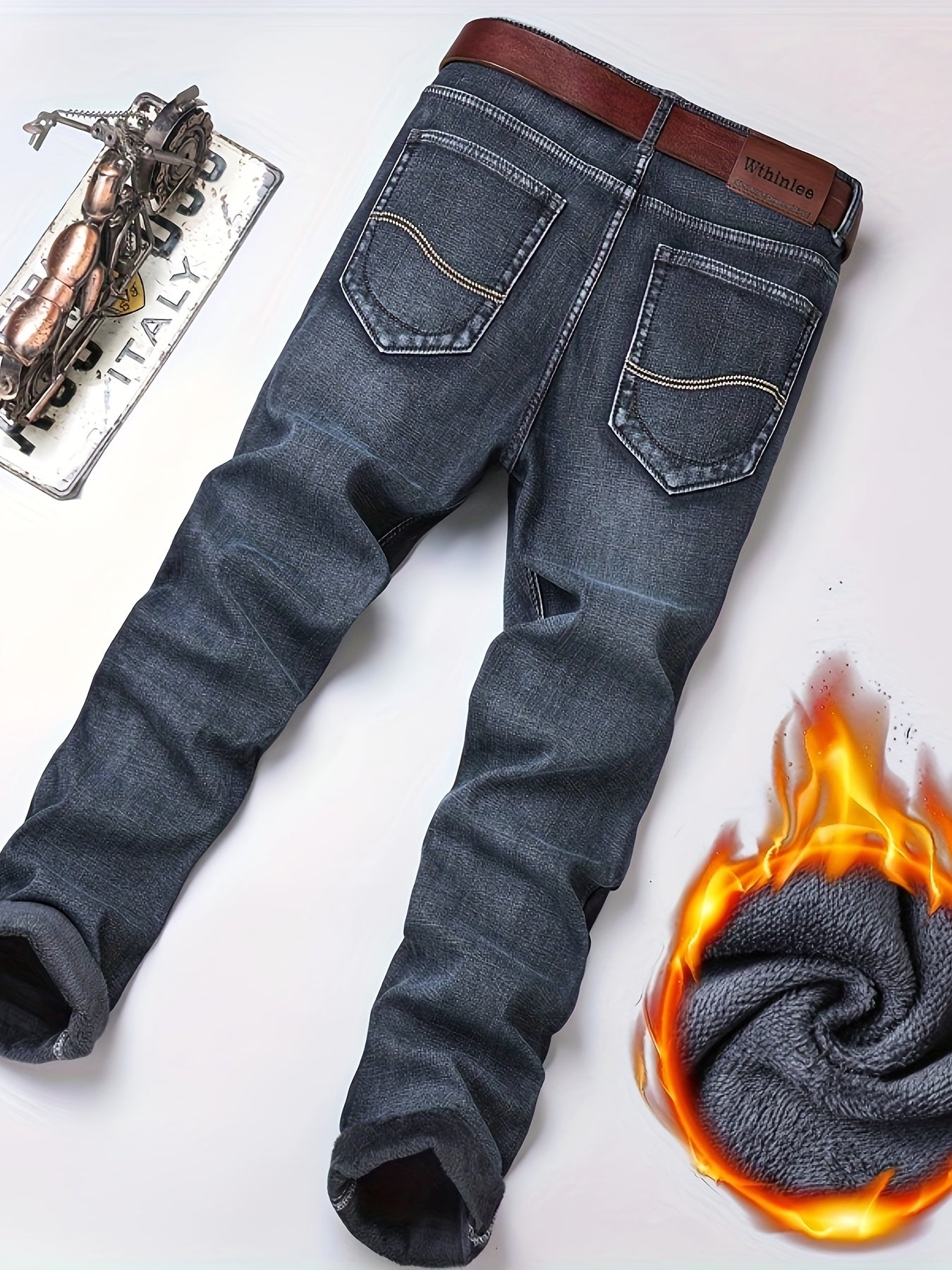 Men's Warm Fleece Jeans For Business, Casual Street Style Denim Pants With Pockets For Fall Winter