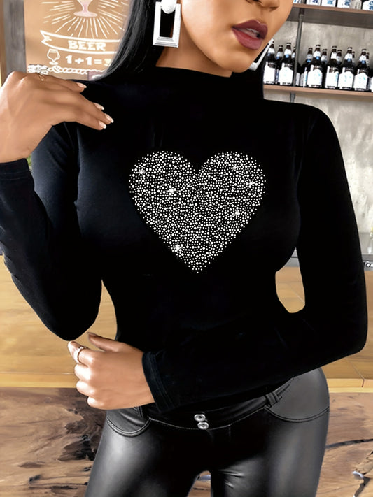 Rhinestone Heart Pattern T-shirt, Casual Mock Neck Long Sleeve T-shirt, Women's Clothing