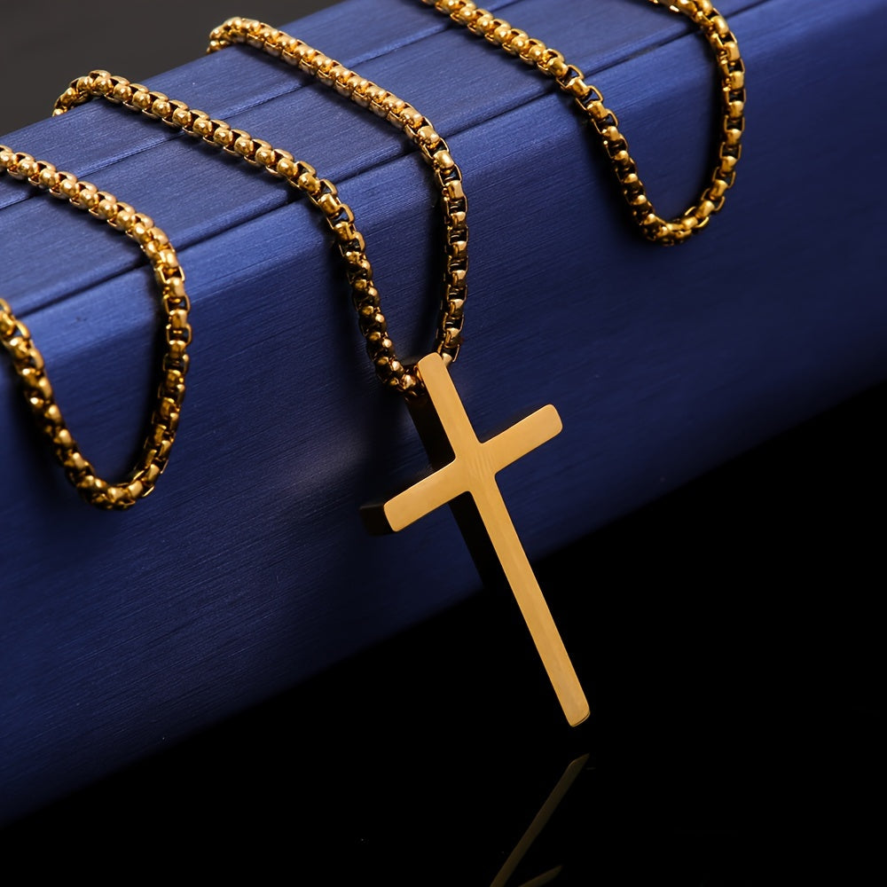 Funky Polished Minimalistic Cross Pendant Necklace For Men, Stainless Steel Chain Necklace