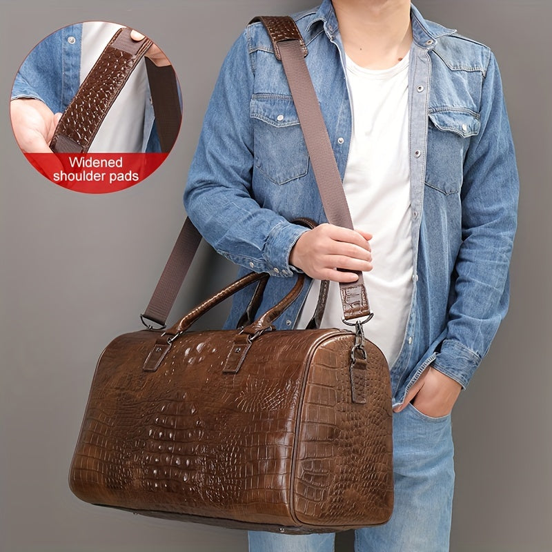 1pc Men's Crocodile Pattern Travel Bag, Casual Top Layer Cowhide Traveling Large Bag