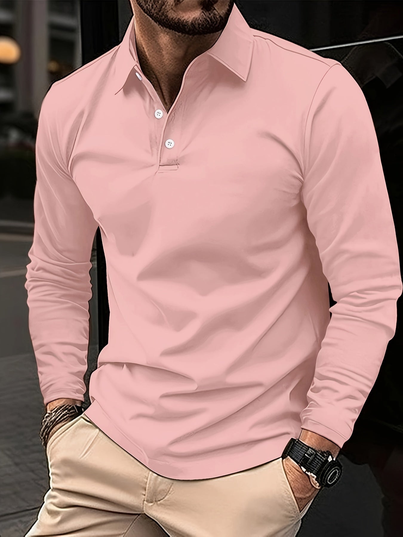 Solid Color Men's Comfy Stretch Long Sleeve Golf Lapel Shirt, Spring Fall, Gift For Men