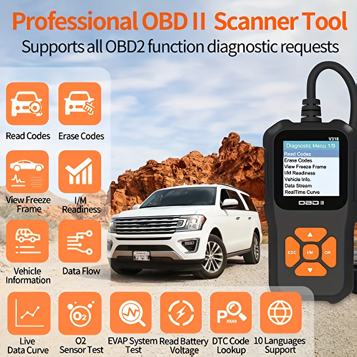 Car OBD2 Scanner Check Engine Light Fault Code Reader Battery Voltage Read Tool For All OBD II Protocol Vehicles Since 1996 Color Screen V318