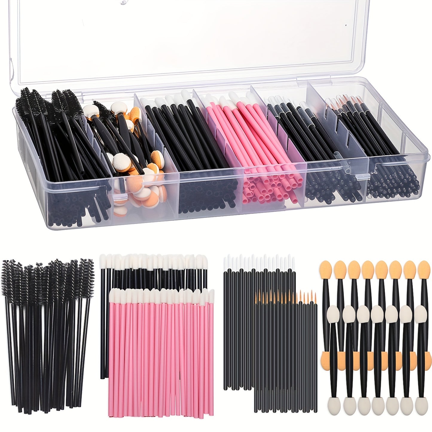 270pcs Kit de herramientas de maquillaje, cepillo de cejas rimel cepillo de labios aplicadores de sombra de ojos pincel delineador de ojos, accesorios de maquillaje de labios de ojos con caja organizadora