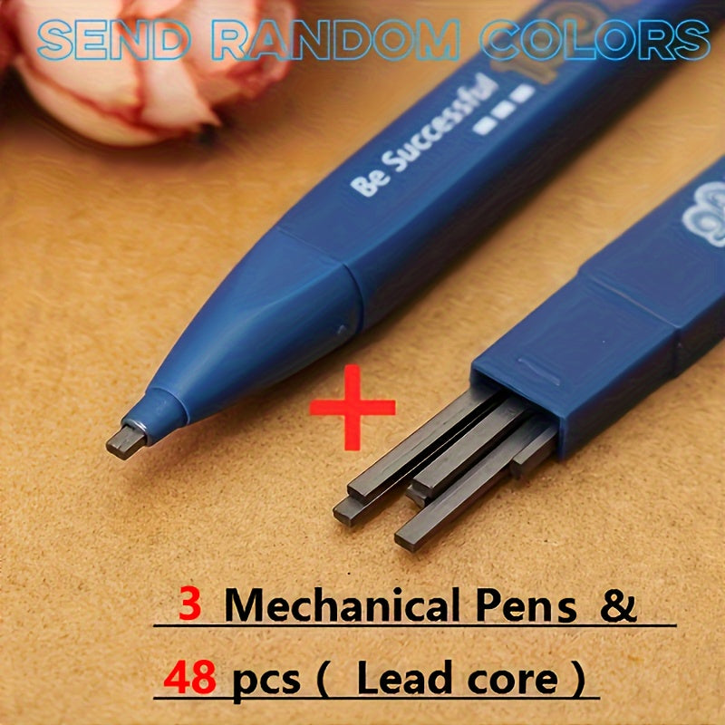 3pcs Pencils And 48pcs Lead 2B Black Lead Automatic Pencils #no Sharpening Lead- Perfect Office And School Supplies! (mixed Color)