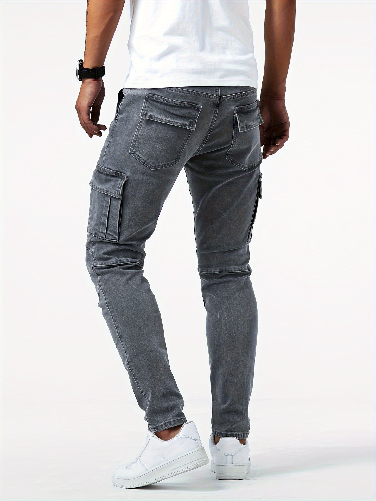 Men's Casual Multi Pocket Jeans, Street Style Medium Stretch Denim Pants