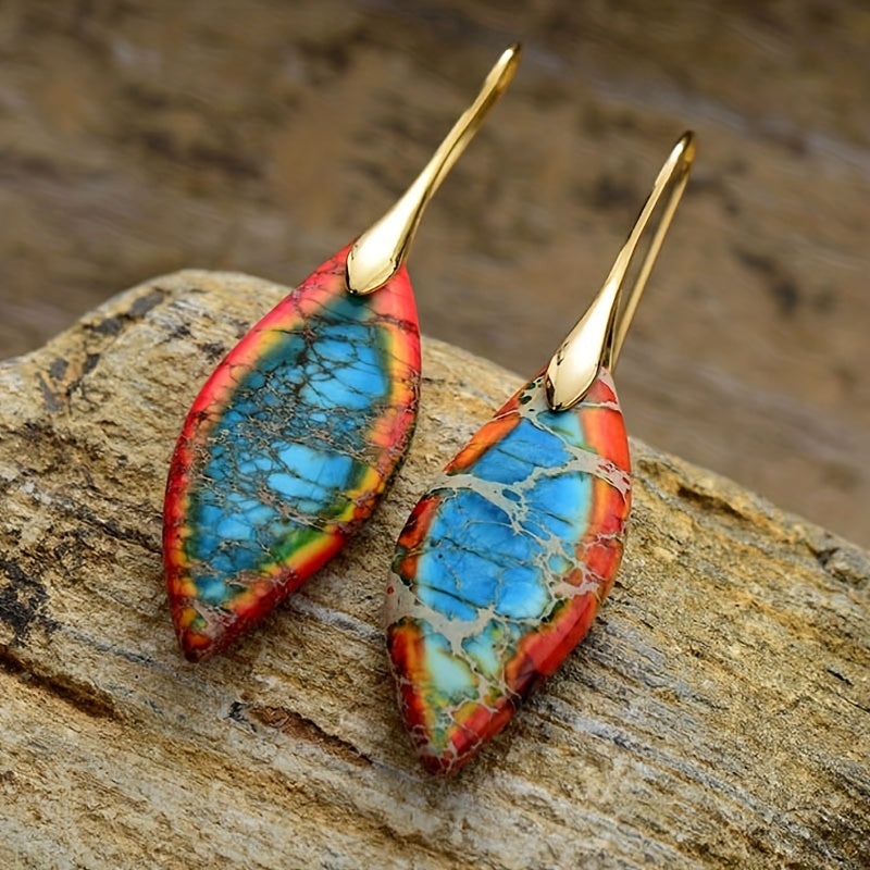 Boucles d&#39;oreilles bohème en pierre impériale naturelle, pendantes en forme de feuille, bijoux cadeau pour femmes