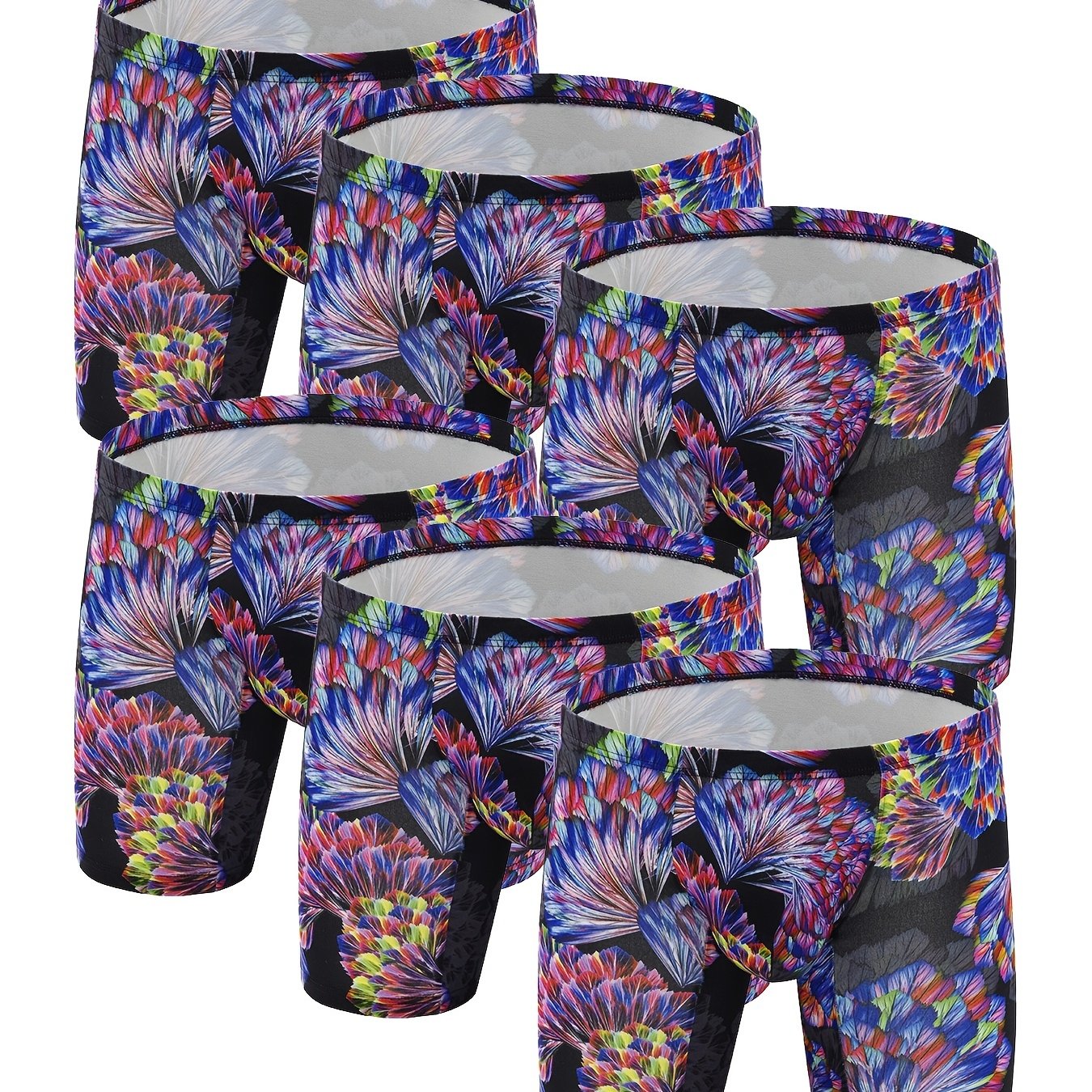 6pcs hombres flor patrón moda personalidad larga pierna boxer calzoncillos cortos, transpirable cómodo secado rápido elástico boxer troncos, en forma de U bolsa convexa bragas, ropa interior de los hombres