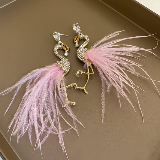 Unique Creative Flamingo Feather Design Dangle Earrings Alloy 14K Gold Plated Jewelry With Rhinestones Inlaid Personality Party Earrings