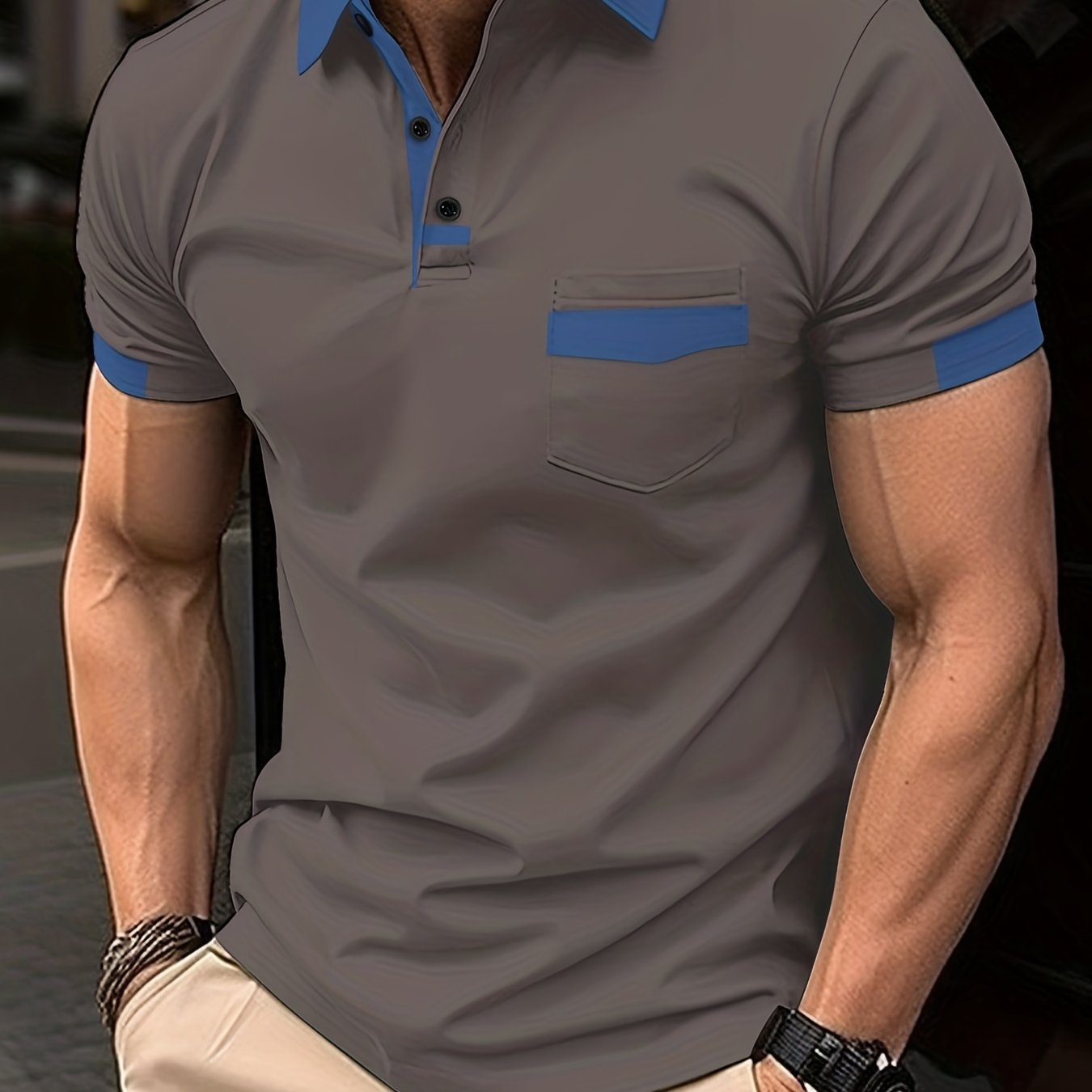 Breathable Regular Fit Contrast Color Design Golf Shirt, Men's Casual V-Neck T-Shirt Short Sleeve For Summer, Men's Clothing