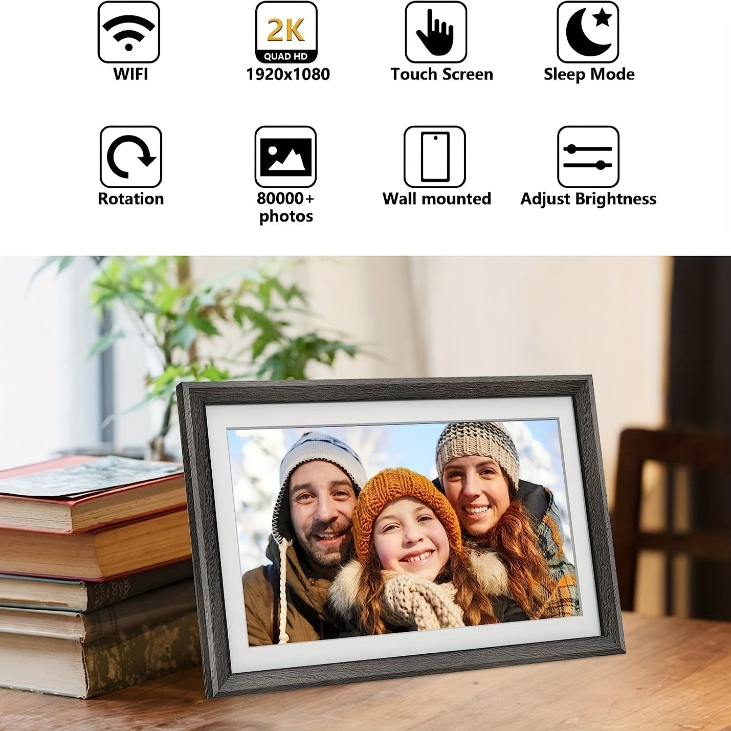 Frameo 32 Go de mémoire 10,1 pouces Smart Digital Picture Frame bois WiFi IPS HD 1080P électronique numérique Cadre photo écran tactile avec rotation automatique Installation facile à utiliser IOS et Android App de MQQC Partager Moments instantanément Via