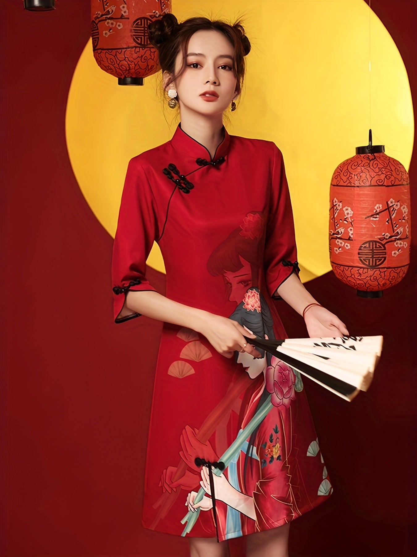 Vestido de Cheongsam de la impresión de la muchacha, vestido delgado de Qipao del estilo chino del vintage, ropa de las mujeres