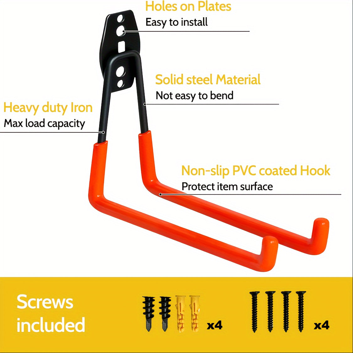 4 ganchos de garaje, ganchos de almacenamiento de garaje para trabajo pesado, colgadores de herramientas de acero montados en la pared, ganchos de almacenamiento de utilidad con revestimiento antideslizante para herramientas de jardín, escaleras, biciclet