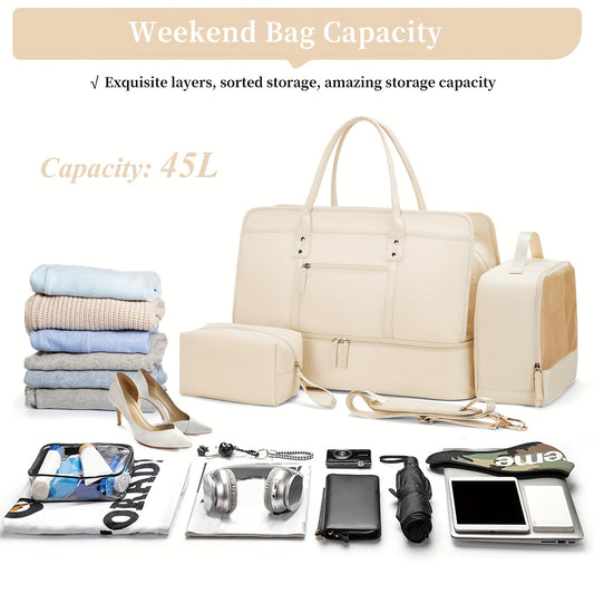 3 Pcs Travel Luggage Bag Set, Solid Color Large Capacity Duffle Bag With Handbag & Clutch Makeup Bag