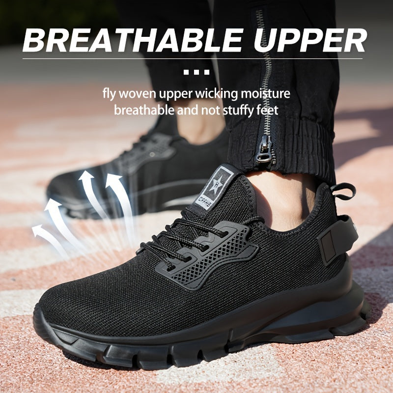 PLUS SIZE Men's Solid Steel Toe Puncture Proof Anti-skid Work Safety Shoes, Breathable Woven Knit Industrial Construction Sneakers