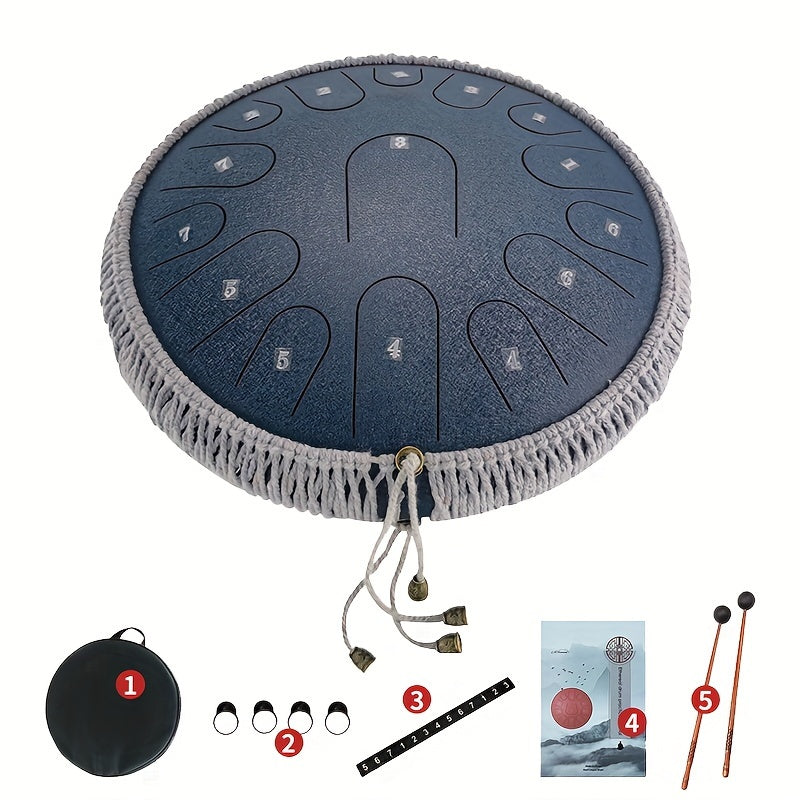 Stahlzungentrommel – 15 Töne, 14 Zoll, Zungentrommel-Instrument – Handpan-Trommeln mit Notenbuch, Stahl-Handpan-Trommelschlägel und Tragetasche, Handpan-Trommel für Erwachsene (Marineblau)