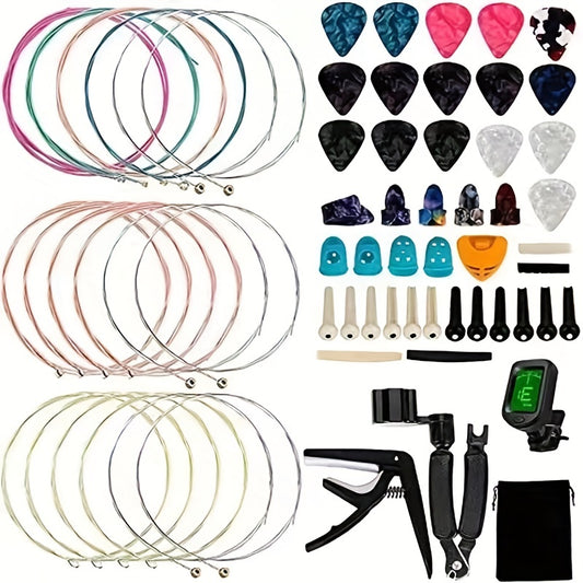 64pcs accessoires de guitare, cordes de guitare inclus, capo, pick, accordeur, protecteur de doigt, écrou et selle, goupille de pont, outil de remplacement de corde 3-en-1 pour les amateurs de guitare débutant