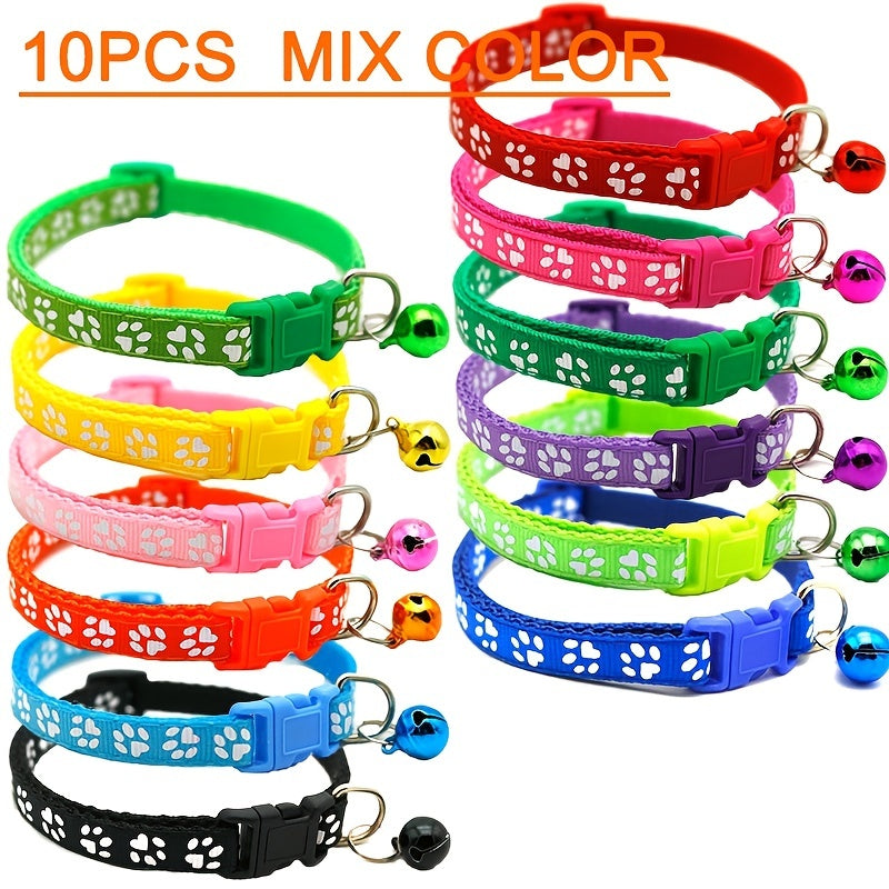 10pcs collar de parche para mascotas con campana-colores vibrantes, impresión de un solo pie y diseño de impresión de la pata, adecuado para perros y gatos