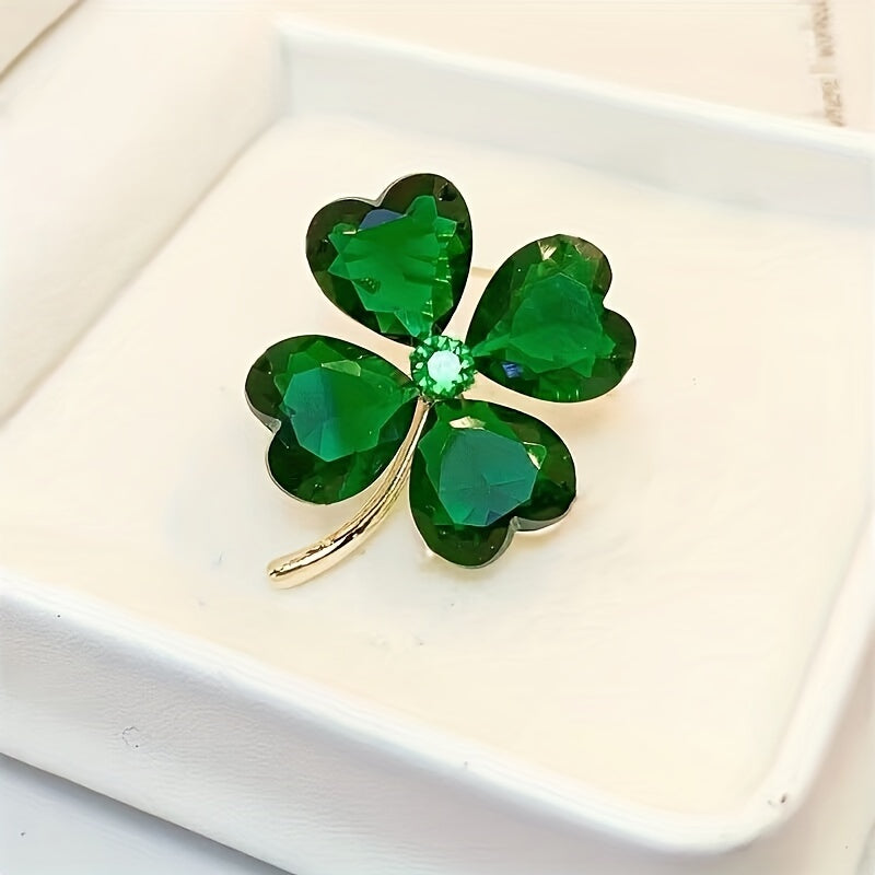 Good Luck Charm: Lucky Green Four-Leaf Clover Crystal Brooch for Women's Clothing and Accessories