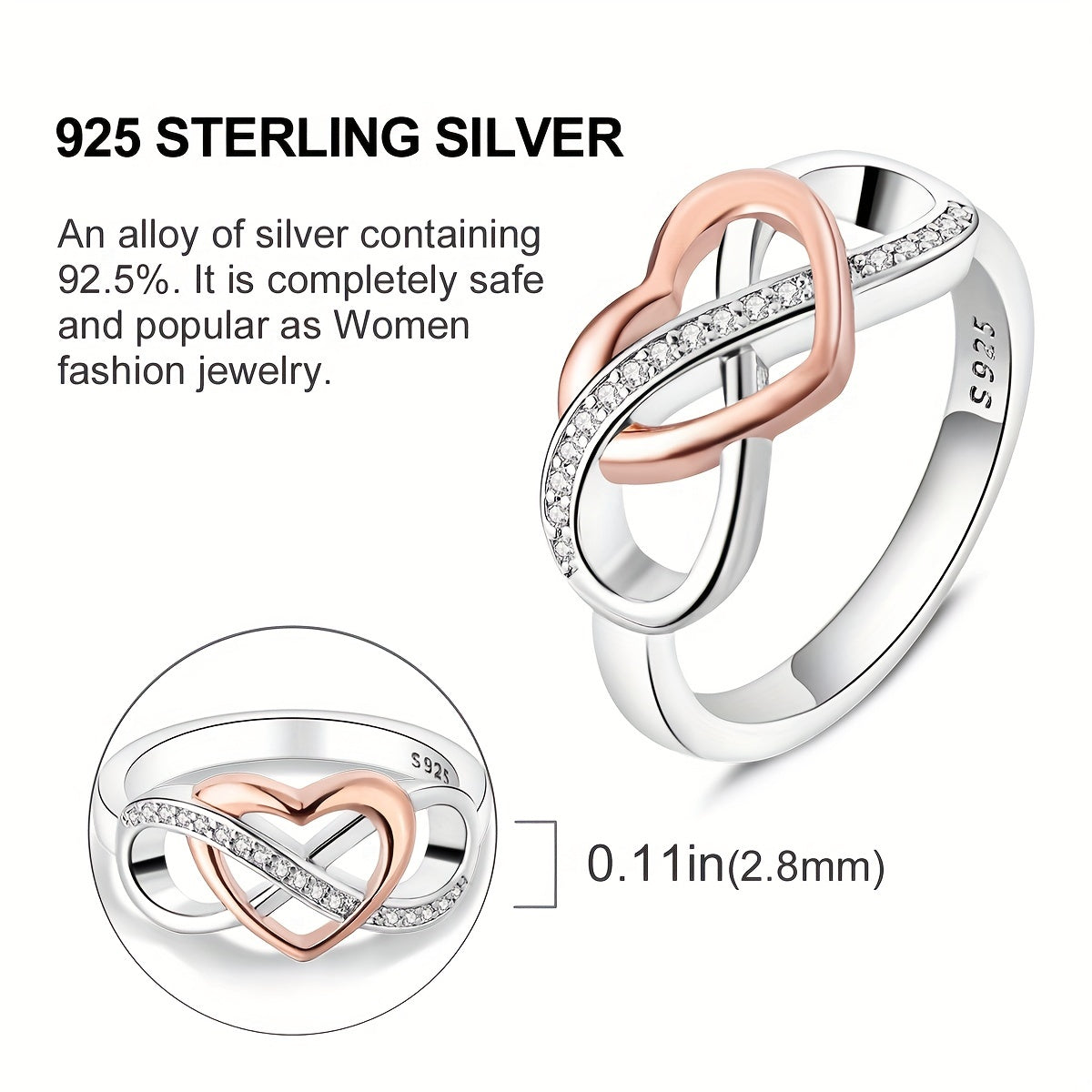 925 Sterling Silver Ring 18k Gold Plated Trendy Heart + Infinity Design Paved Shining Zirconia Match Daily Outfits Party Accessory Perfect Gift For Female High Quality Jewelry