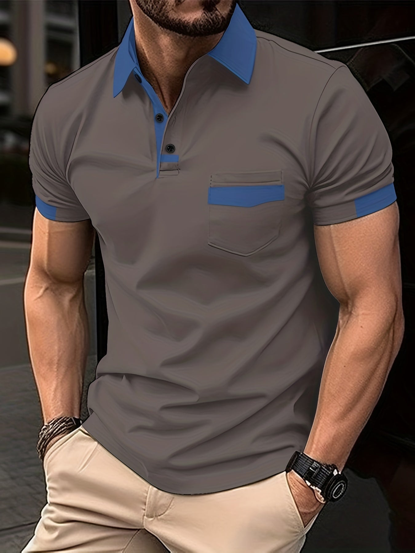 Camisa de golfe com design de cor de contraste de ajuste regular respirável, camiseta casual masculina com decote em v manga curta para o verão, roupas masculinas