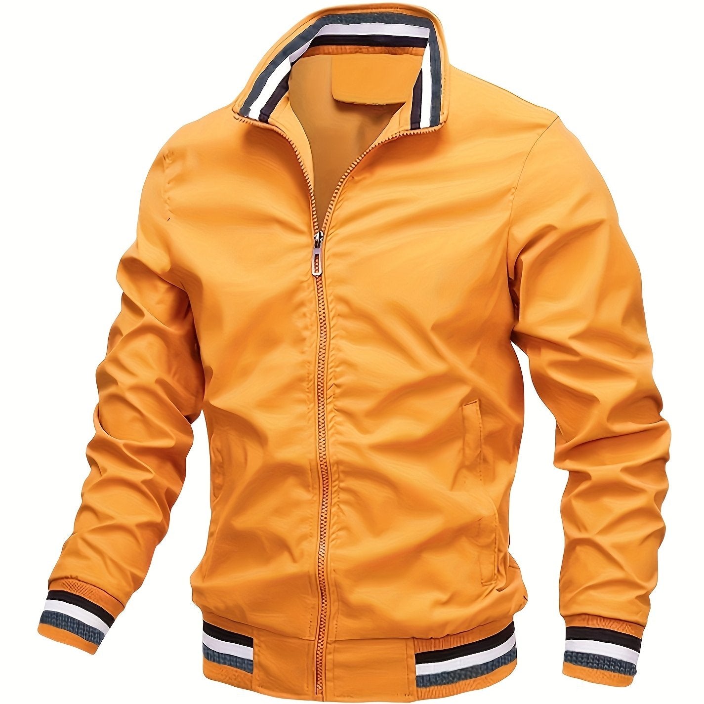 Más tamaño de los hombres moda casual zipper stand collar bolsillo chaqueta, color sólido manga larga raya patrón en la capa inferior suelta gran tamaño