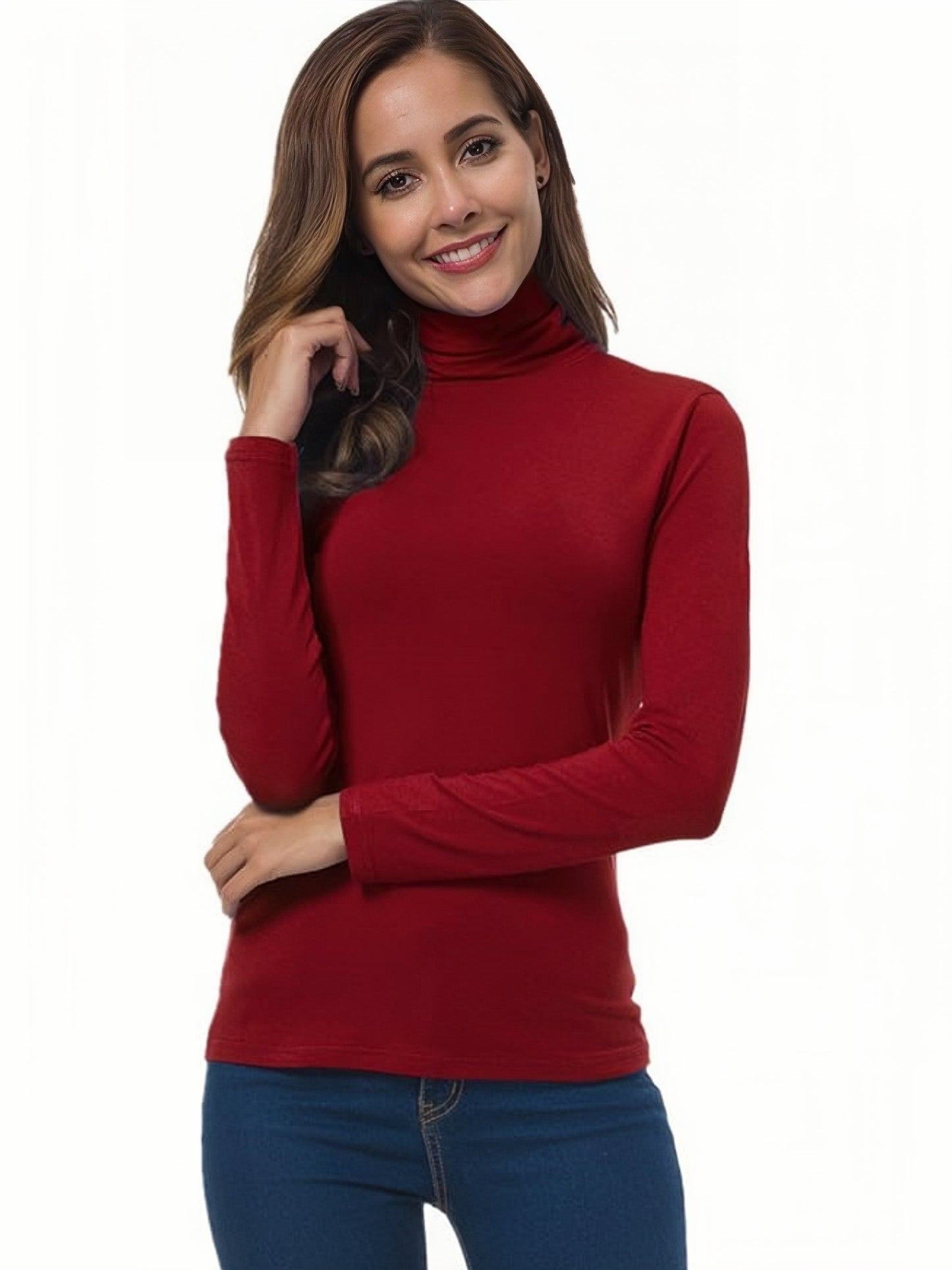 Sólido 4 paquetes de camiseta, camiseta casual de manga larga con cuello alto para primavera y otoño, ropa de mujer