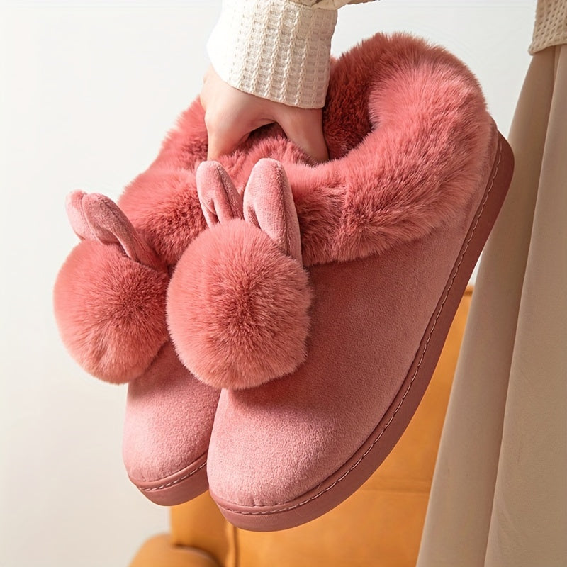 Slipeprs de la decoración del conejo de Kawaii de las mujeres, resbalón forrado felpa cómoda en los zapatos, zapatos calientes del invierno de las mujeres