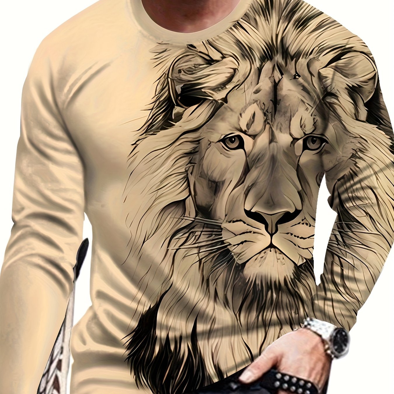 Lion Head Anime 3D-Print Kreatives Oberteil für Herren, Trendy Langarm T-Shirt mit Rundhals ausschnitt für Herren, Frühlings herbst