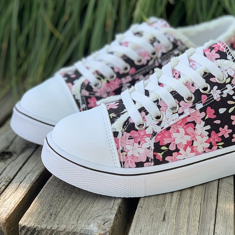 Zapatos de lona con estampado floral para mujer, Casual Lace Up Low Top Skate Shoes, Zapatillas planas de todo fósforo