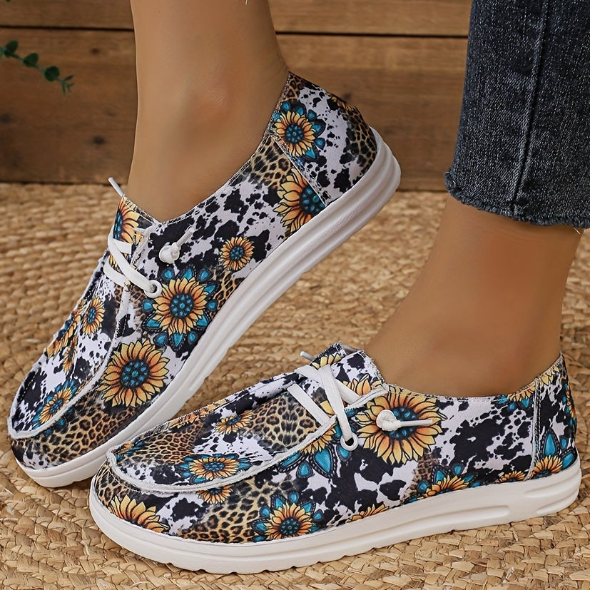 Mocassins femininos de lona com estampa floral, sapatos de dedo redondo com cadarço, sapatos casuais e leves para atividades ao ar livre