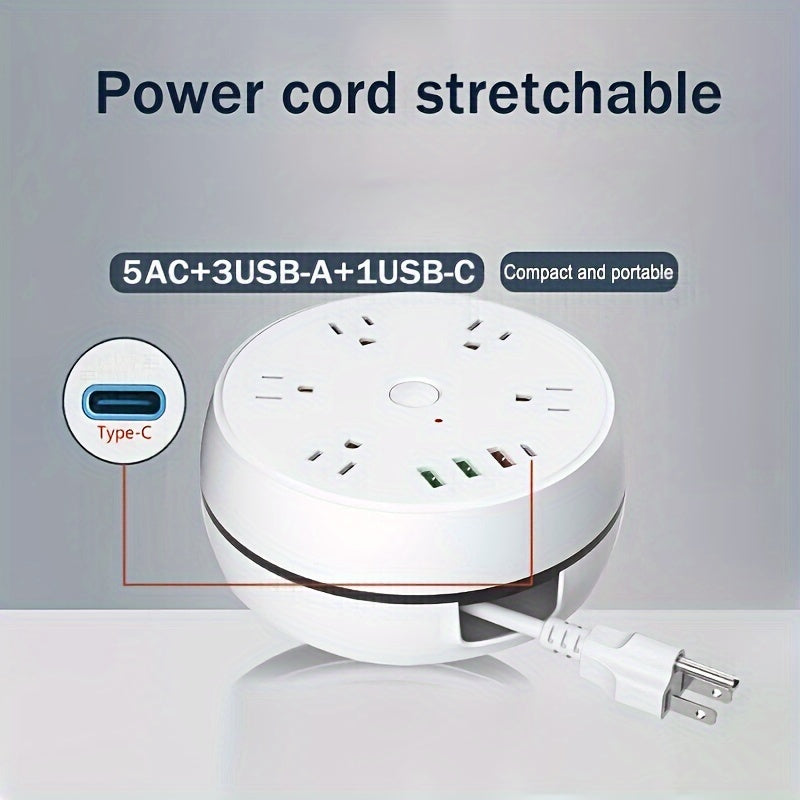 Travel Power Board, Retractable Power Board, With 5 AC Sockets And 3 USB Ports (1 USB C), American Standard Three Plug 51.18inch Retractable Extension Cable, Essential For Cruise Ships, Suitable For Travel Hotels, White