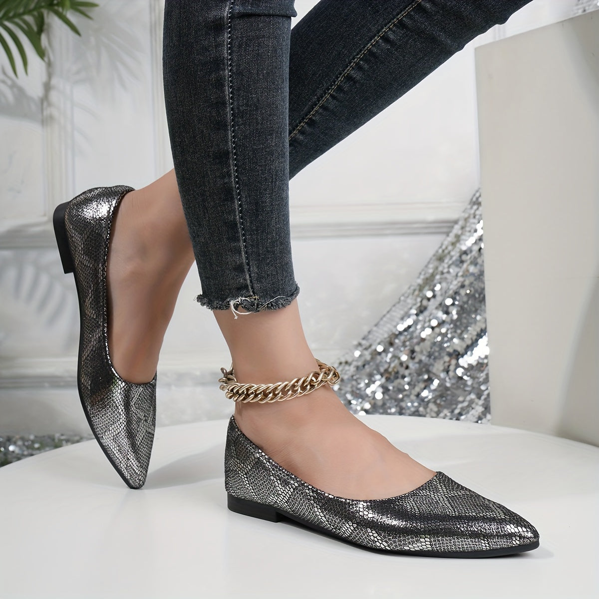 Women's Snakeskin Pattern Flat Shoes, Casual Point Toe Slip On Shoes, Lightweight & Comfortable Shoes