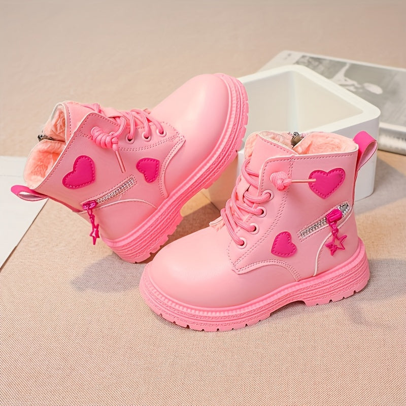 Trendy Cute Plus Fleece Boots For Girls Kids, Comfortable Non Slip Boots With Zipper For Indoor Outdoor Travel, Autumn And Winter