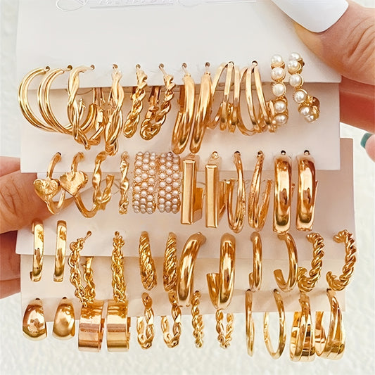 24 Pairs Golden Hoop Earrings Set With Faux Pearl Decor Sexy Simple Style Alloy Jewelry Delicate Female Gift