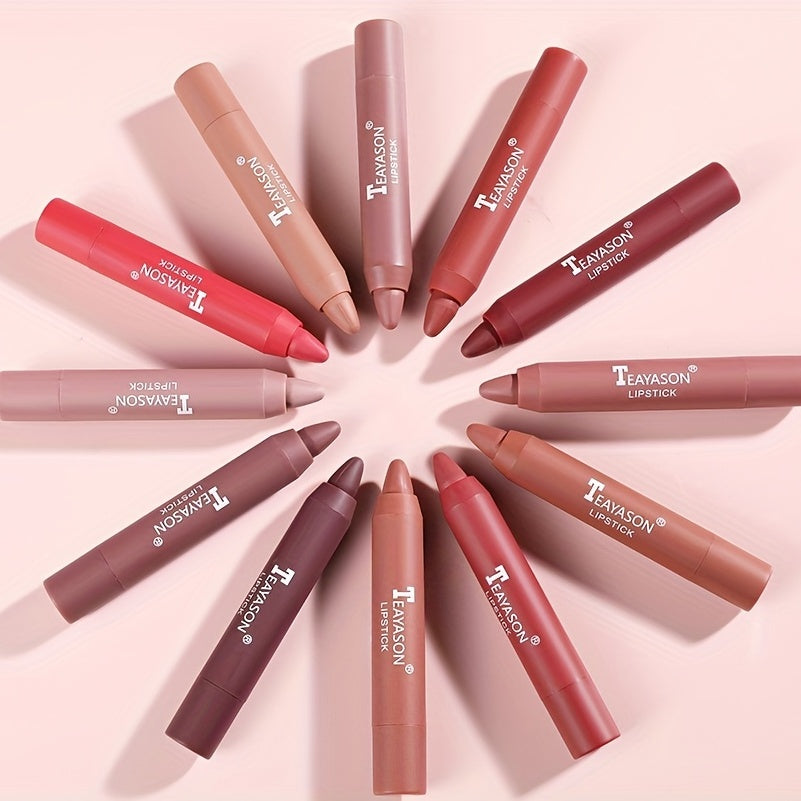 12 colors Matte Moisturizing Lipstick Crayons - Long Lasting, Waterproof, Smooth, Sun Protection, Plumping Effect