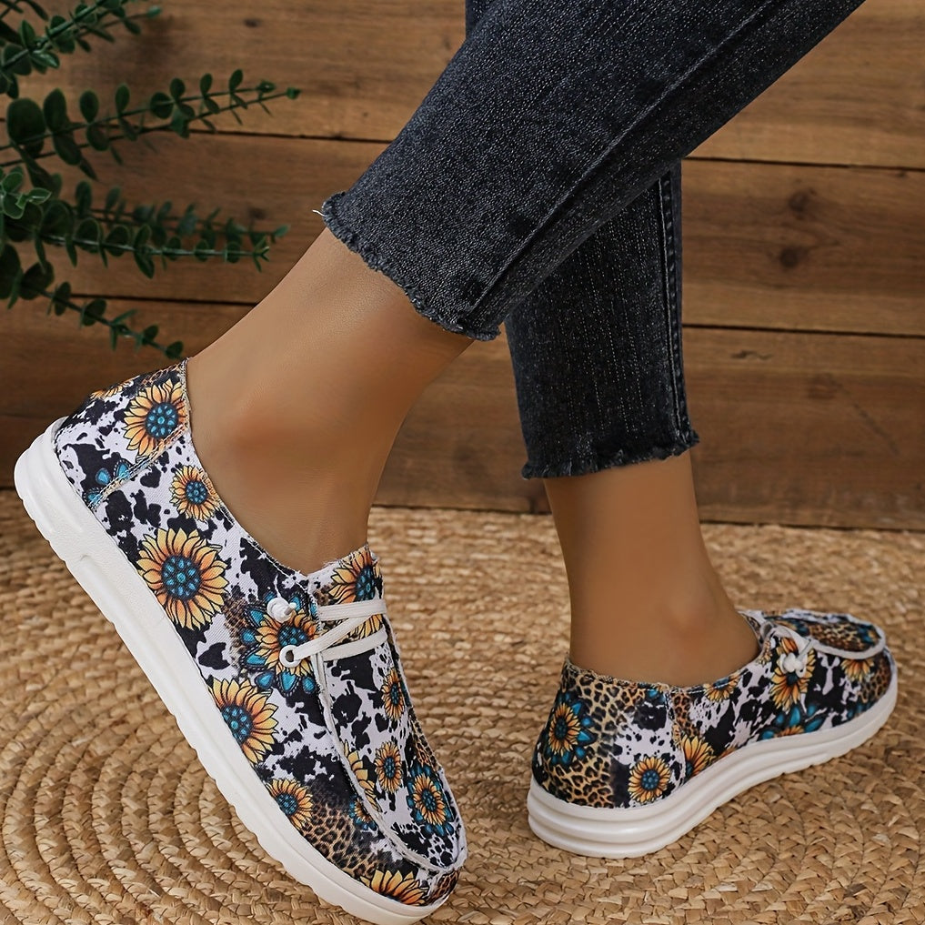 Women's Floral Pattern Canvas Loafers, Slip On Round Toe Lace Up Shoes, Casual & Lightweight Outdoor Shoes