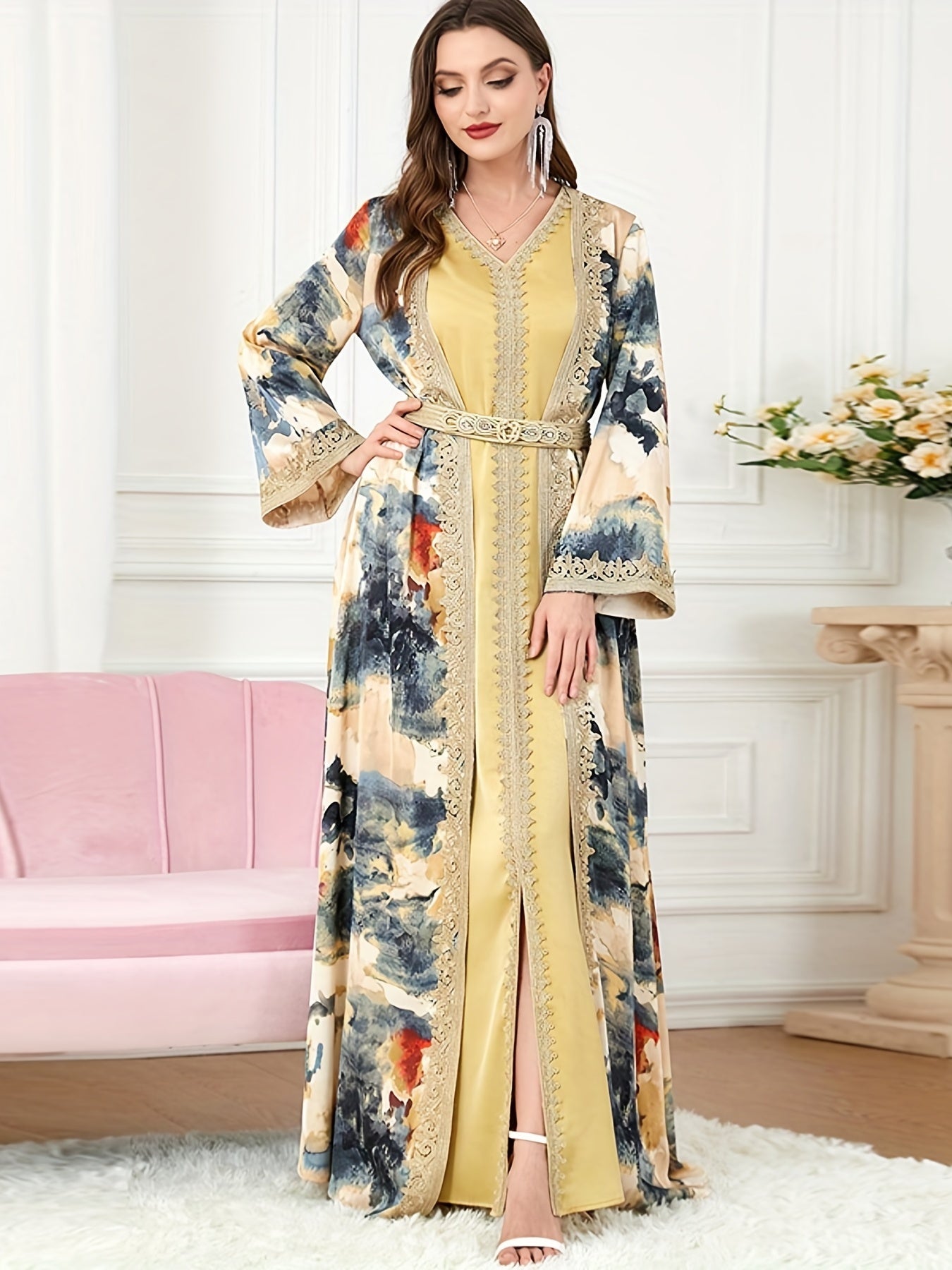 Ethnic Abaya Set, V Neck Maxi Dress & Open Front Abaya With Belt, Women's Clothings