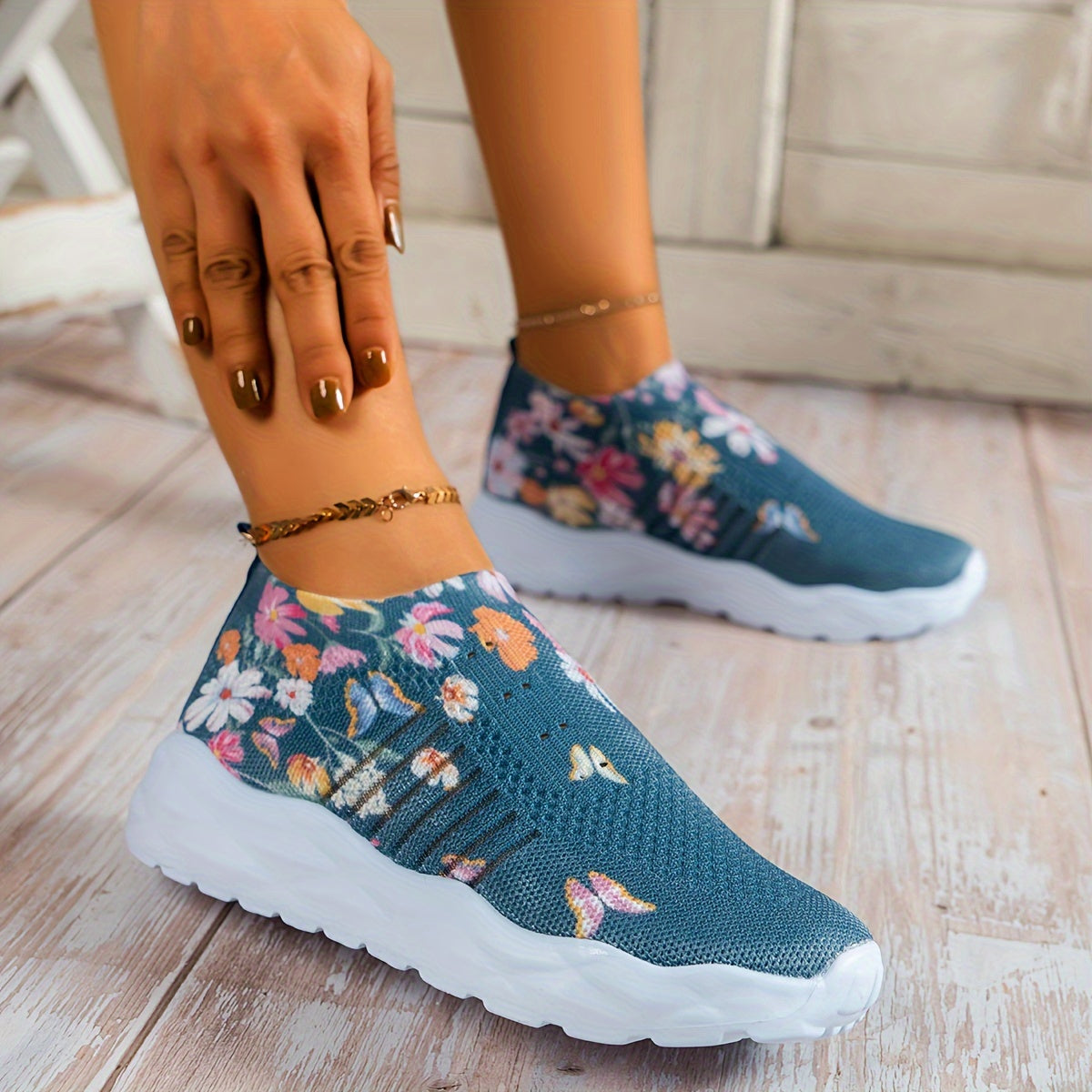 Women's Rhinestone Decor Sneakers, Floral & Butterfly Print Slip On Shoes, Breathable Knit Running Shoes