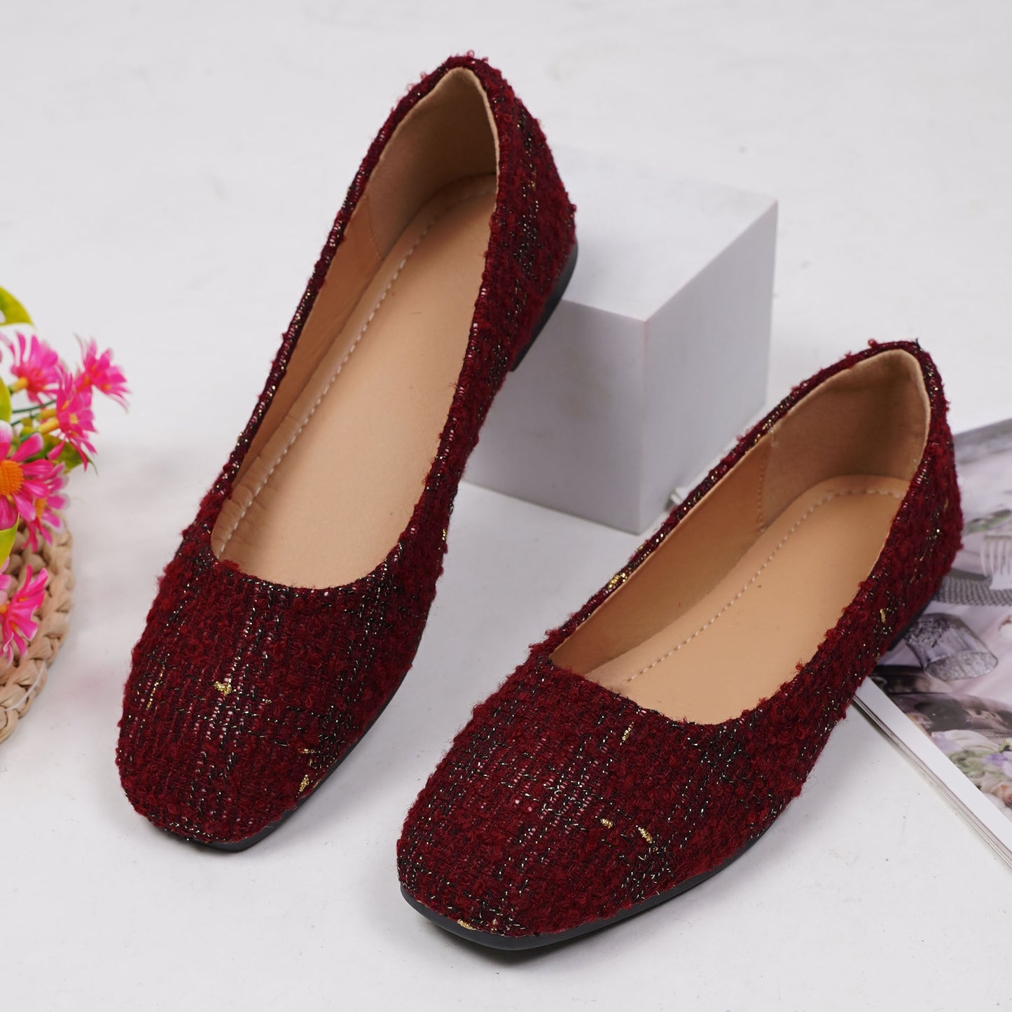 Women's Solid Color Flat Shoes, Elegant Square Toe Slip On Shoes, Lightweight & Comfortable Shoes