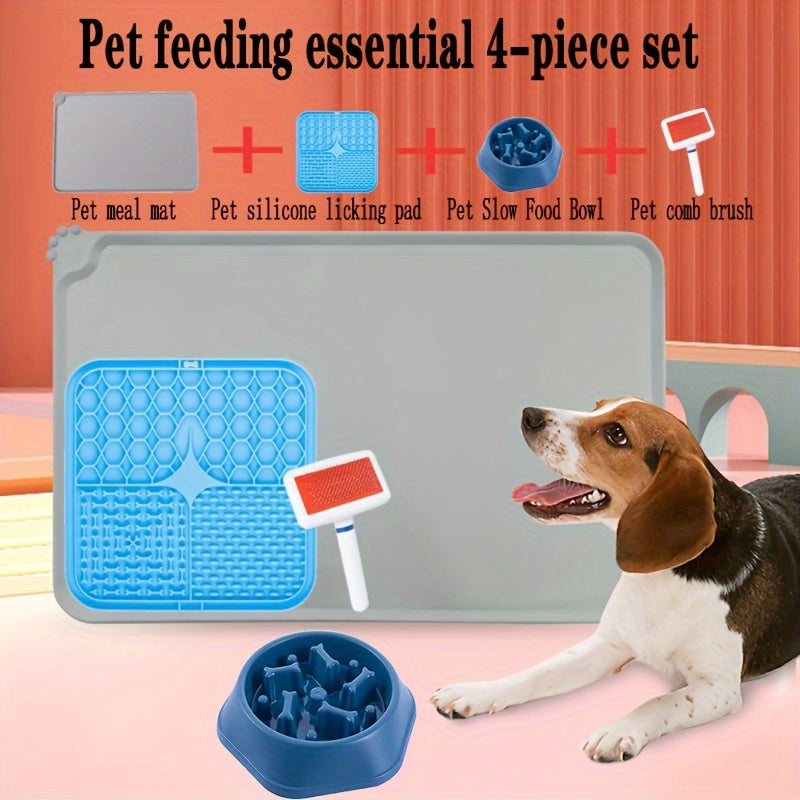 Conjunto de suprimentos de alimentação para animais de estimação, 4 peças, tapete de silicone para animais de estimação, alimentador lento, tapete para lamber cães, tigela de comida de quebra-cabeça e escova de pente para animais de estimação