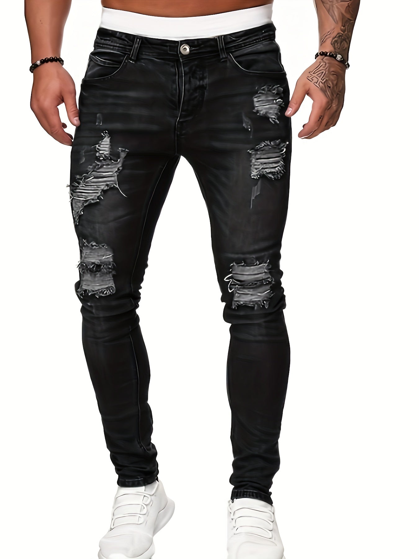 Men's Casual Ripped Skinny Jeans, Chic Street Style Medium Stretch Jeans