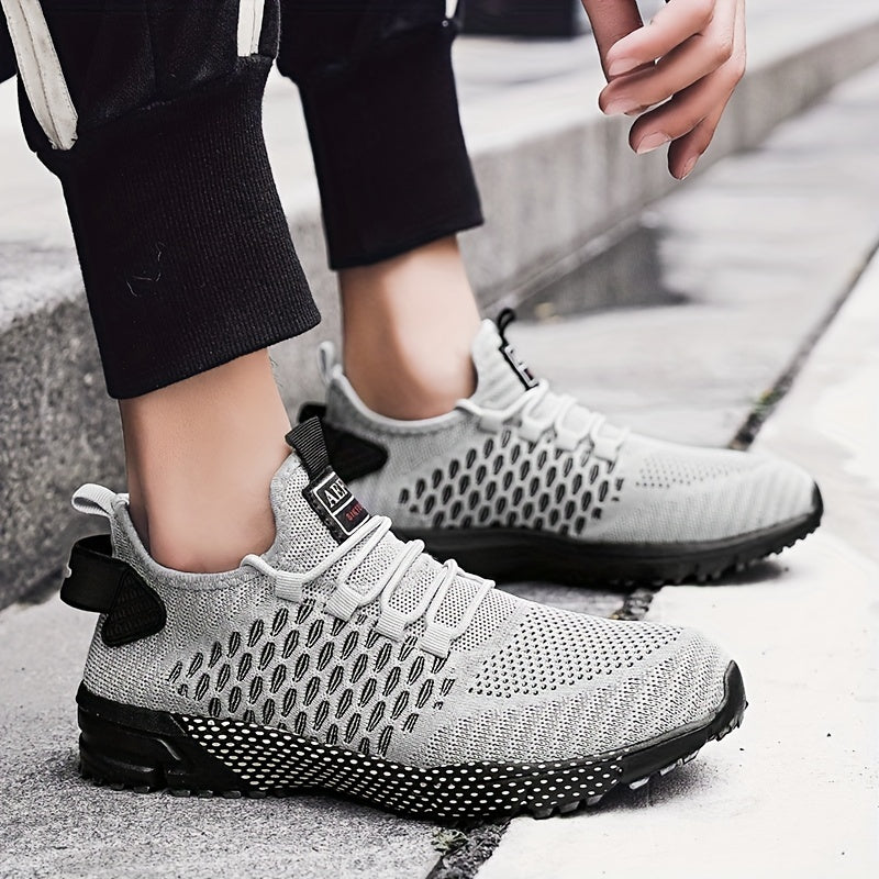 Atmungsaktive Mesh-Schnürschuhe mit lässiger geometrischer Druck für Herren, Anti-Rutsch-Schuhe für Laufsport