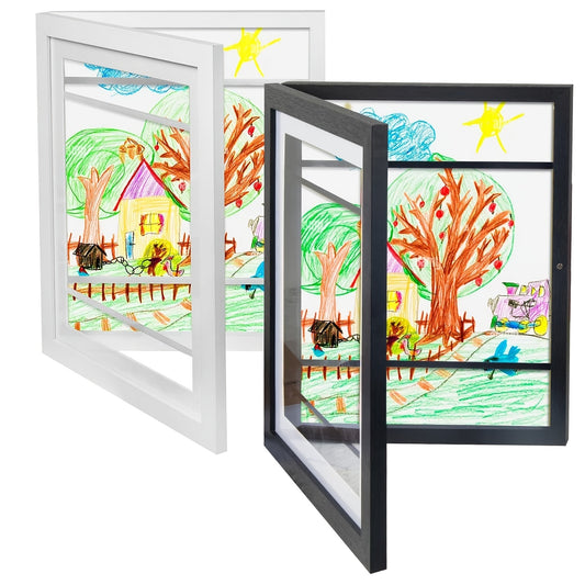 2pcs Children's Art photo Frame Replaceable Wooden Display 8.3x11.8, Children's Art Frame Front Opening Accommodates 50, Black And White Children's Painting, Children's Art Project, Homework