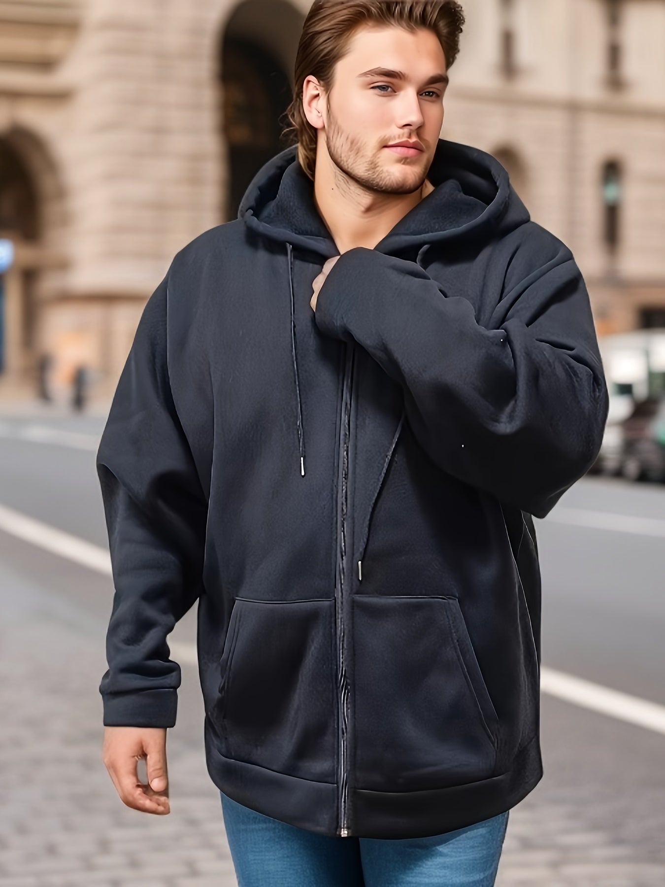 Plus Size Men's Solid Hoodies Oversized Hooded Jacket With Zipper For Fall Winter, Men's Clothing