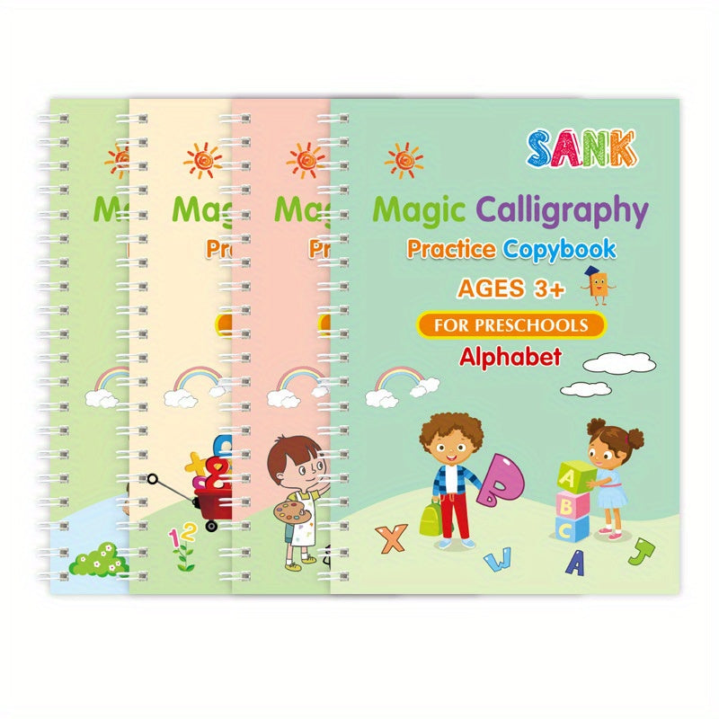 4PCS Students Grooved Copybook Preschool Hard Pen Full English Copybook 18.8*13.2CM \u002F 7.4*5.2 Inch