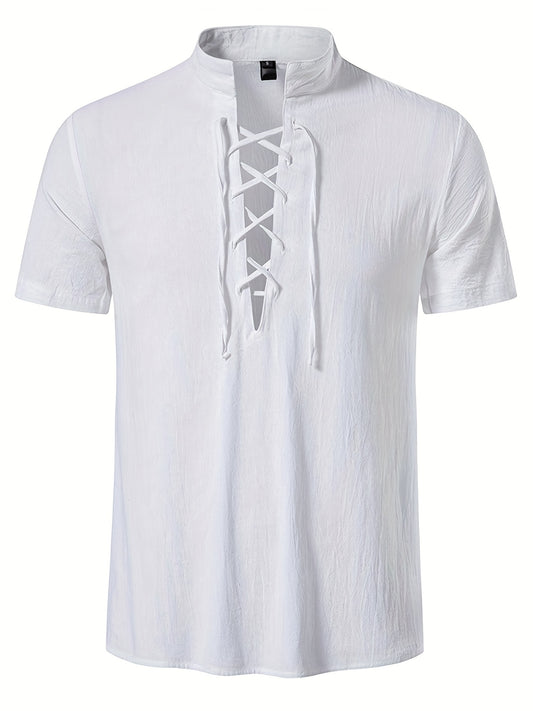 Trendy Men's Casual Lace Up Short Sleeve Shirt, Men's Shirt For Summer Vacation Resort